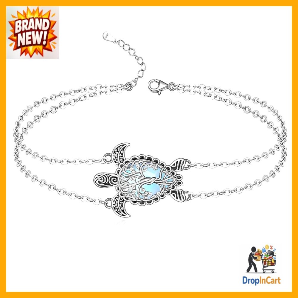 Sterling Silver Moonstone Anklet Tree of Life Sea Turtle Jewelry Elegant Boho
